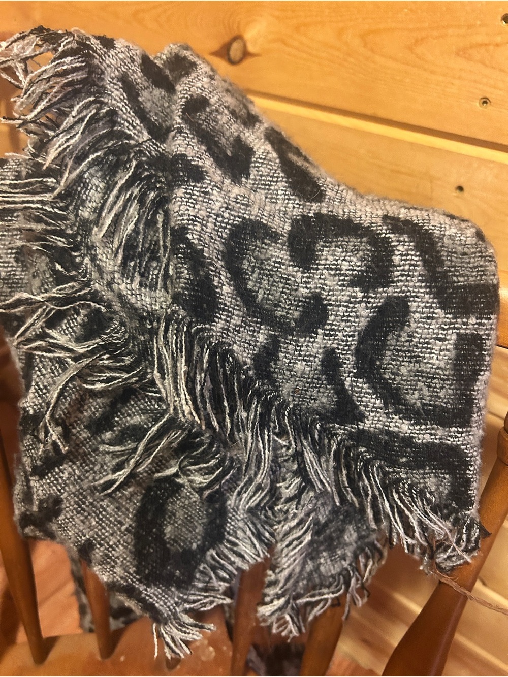 Luxury Soft Fringe Scarf in Gray and Black Leopard